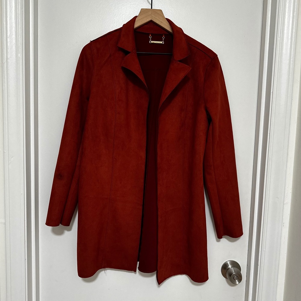 T Tahari | Women's Rust Orange Faux Suede Open‎ Front Notched Lapel Jacket, S